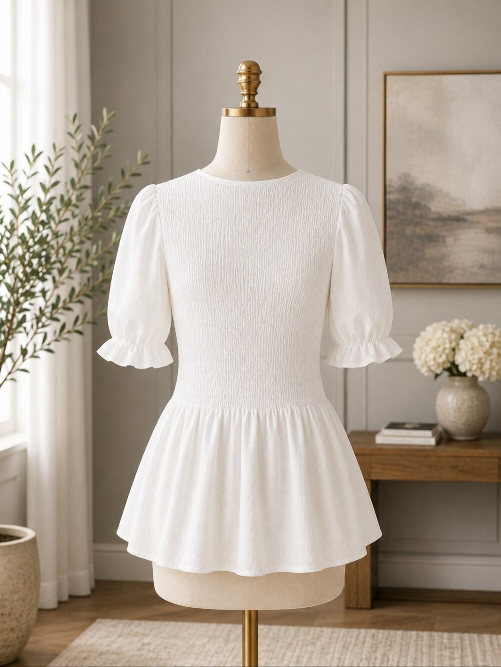 Crisp White Smocked Peplum Tunic with Ruffle Sleeves